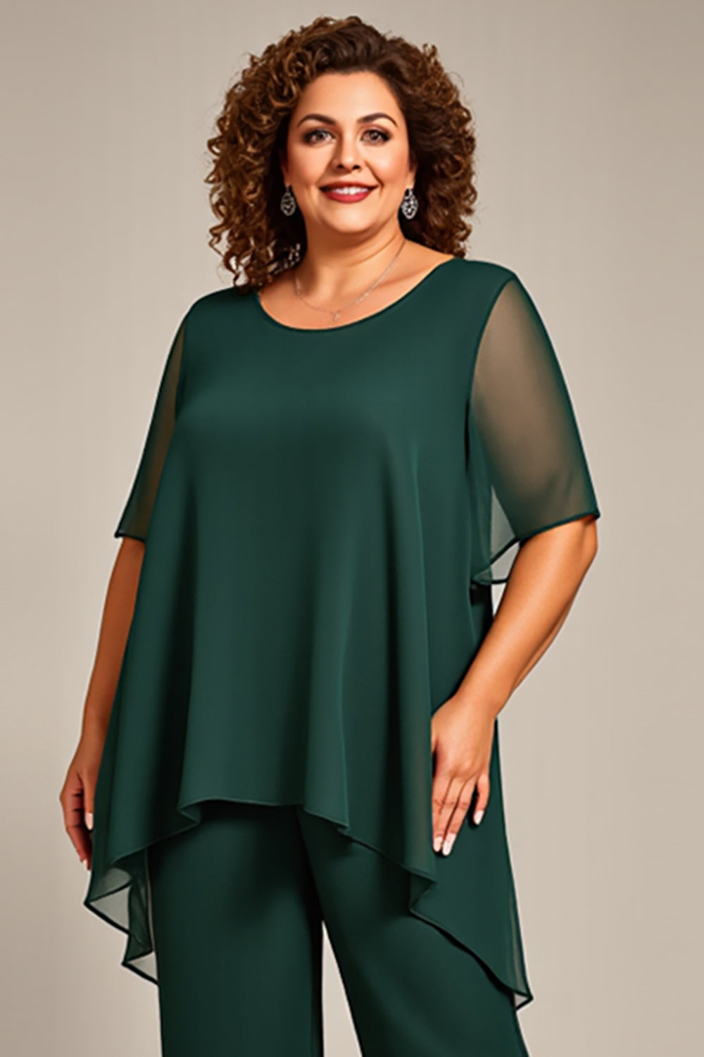 Pine 2 Piece Chiffon Round Neck Plus Size Mother of the Bride Pant Suits