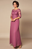 Desert Rose Chiffon Round Neck Long Mother of the Bride Dress with Lace
