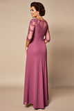 Desert Rose Chiffon Round Neck Long Mother of the Bride Dress with Lace