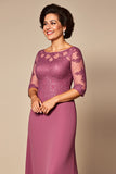 Desert Rose Chiffon Round Neck Long Mother of the Bride Dress with Lace