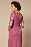 Desert Rose Chiffon Round Neck Long Mother of the Bride Dress with Lace