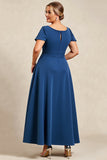 Ink Blue A Line Satin Long Plus Size Mother of the Bride Dress with Short Sleeves