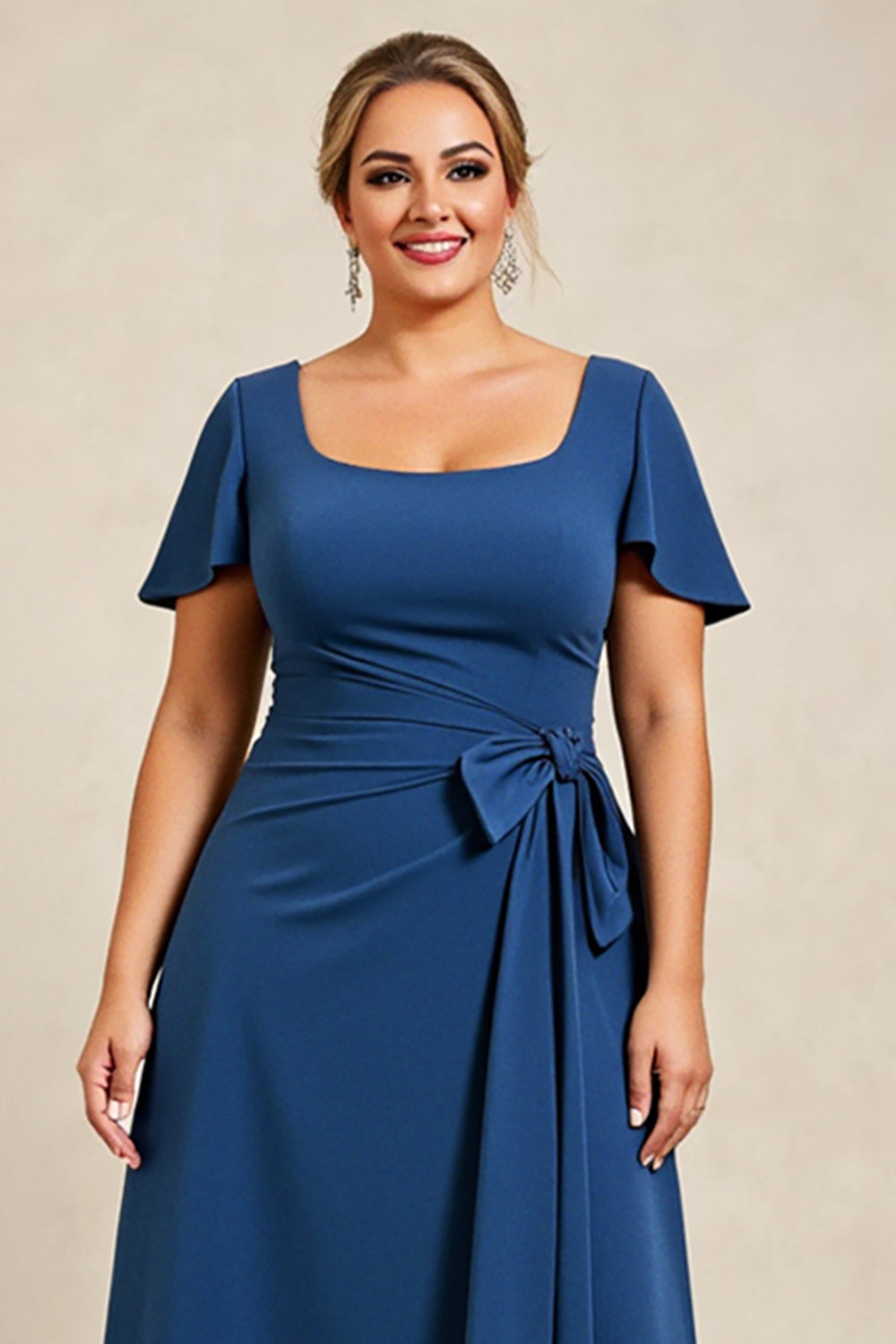Ink Blue A Line Satin Long Plus Size Mother of the Bride Dress with Short Sleeves