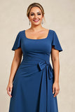 Ink Blue A Line Satin Long Plus Size Mother of the Bride Dress with Short Sleeves