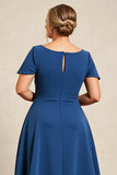Ink Blue A Line Satin Long Plus Size Mother of the Bride Dress with Short Sleeves