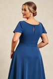 Ink Blue A Line Satin Long Plus Size Mother of the Bride Dress with Short Sleeves