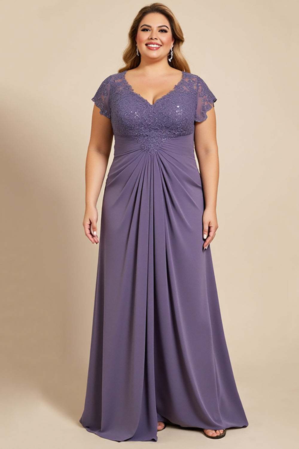Grey Purple A Line V Neck Satin Long Plus Size Mother of the Bride Dress with Lace