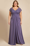 Grey Purple A Line V Neck Satin Long Plus Size Mother of the Bride Dress with Lace