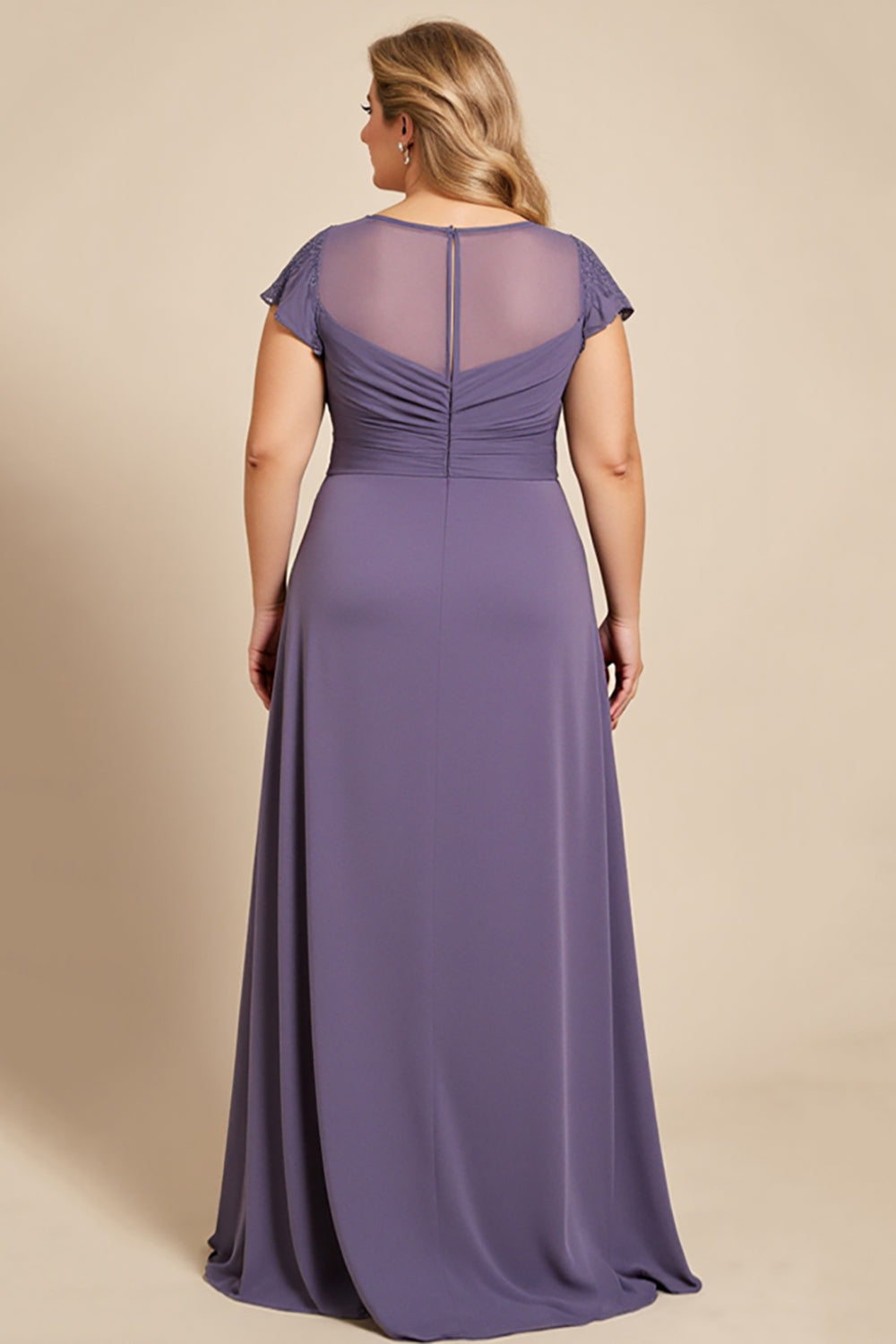 Grey Purple A Line V Neck Satin Long Plus Size Mother of the Bride Dress with Lace