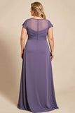 Grey Purple A Line V Neck Satin Long Plus Size Mother of the Bride Dress with Lace