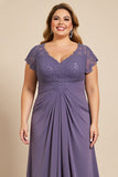 Grey Purple A Line V Neck Satin Long Plus Size Mother of the Bride Dress with Lace