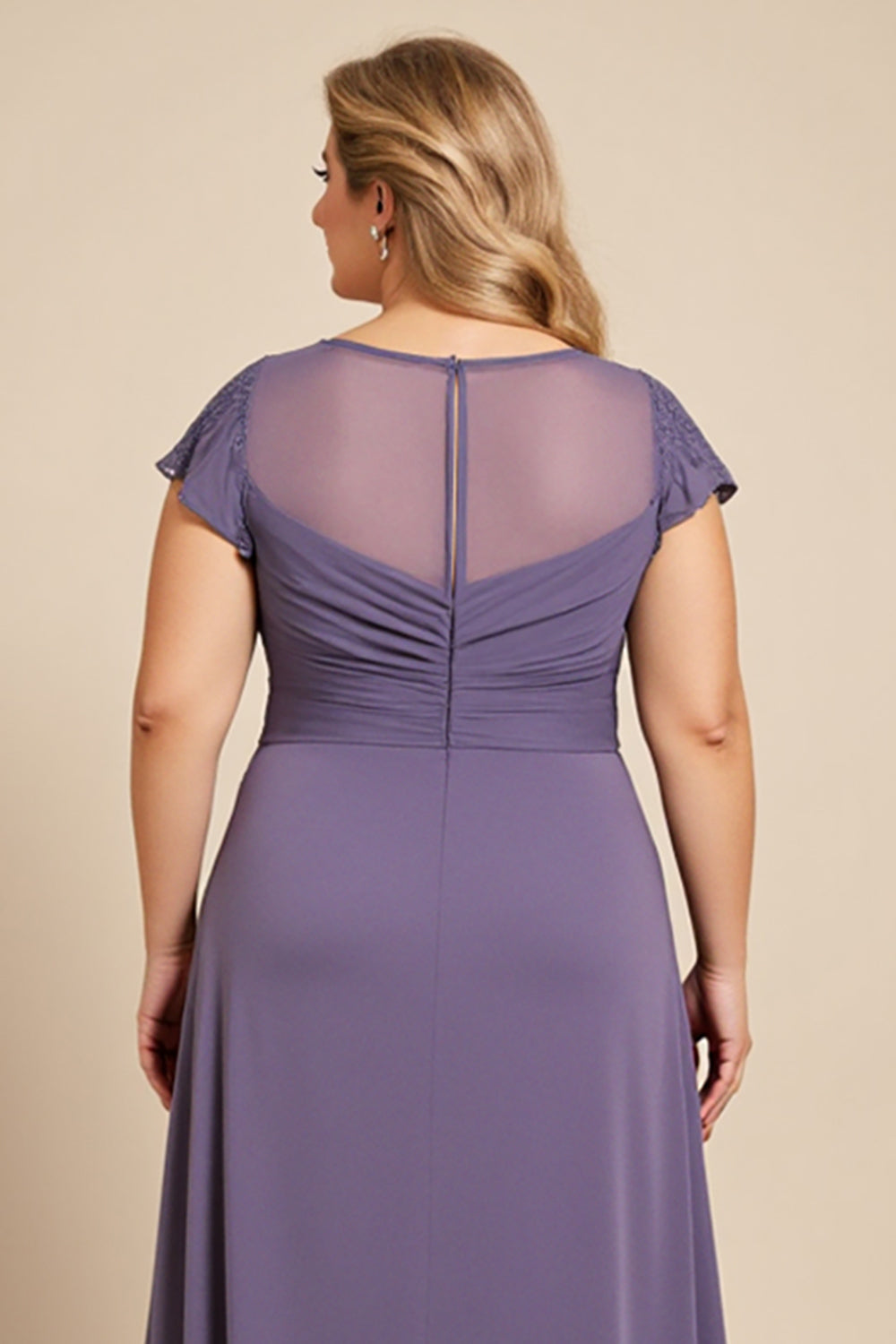 Grey Purple A Line V Neck Satin Long Plus Size Mother of the Bride Dress with Lace