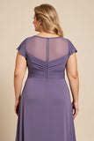 Grey Purple A Line V Neck Satin Long Plus Size Mother of the Bride Dress with Lace