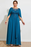 Peacock A Line Chiffon Cape Long Plus Size Mother of the Bride Dress with Lace