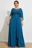 Peacock A Line Chiffon Cape Long Plus Size Mother of the Bride Dress with Lace