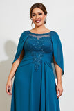 Peacock A Line Chiffon Cape Long Plus Size Mother of the Bride Dress with Lace