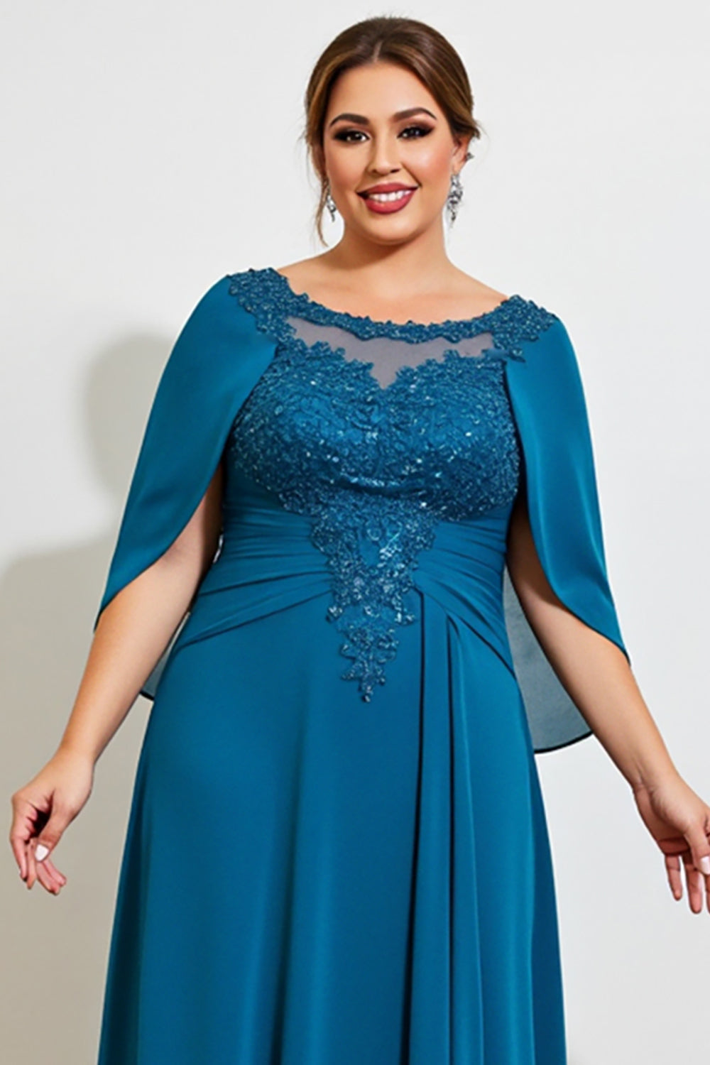 Peacock A Line Chiffon Cape Long Plus Size Mother of the Bride Dress with Lace