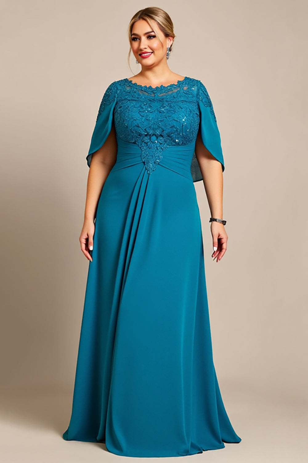 Peacock A Line Chiffon Cape Long Plus Size Mother of the Bride Dress with Lace