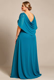 Peacock A Line Chiffon Cape Long Plus Size Mother of the Bride Dress with Lace