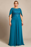 Peacock A Line Chiffon Cape Long Plus Size Mother of the Bride Dress with Lace