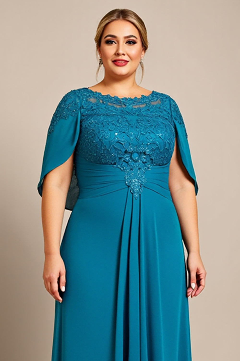 Peacock A Line Chiffon Cape Long Plus Size Mother of the Bride Dress with Lace