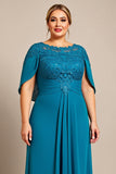 Peacock A Line Chiffon Cape Long Plus Size Mother of the Bride Dress with Lace