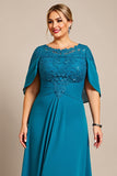 Peacock A Line Chiffon Cape Long Plus Size Mother of the Bride Dress with Lace