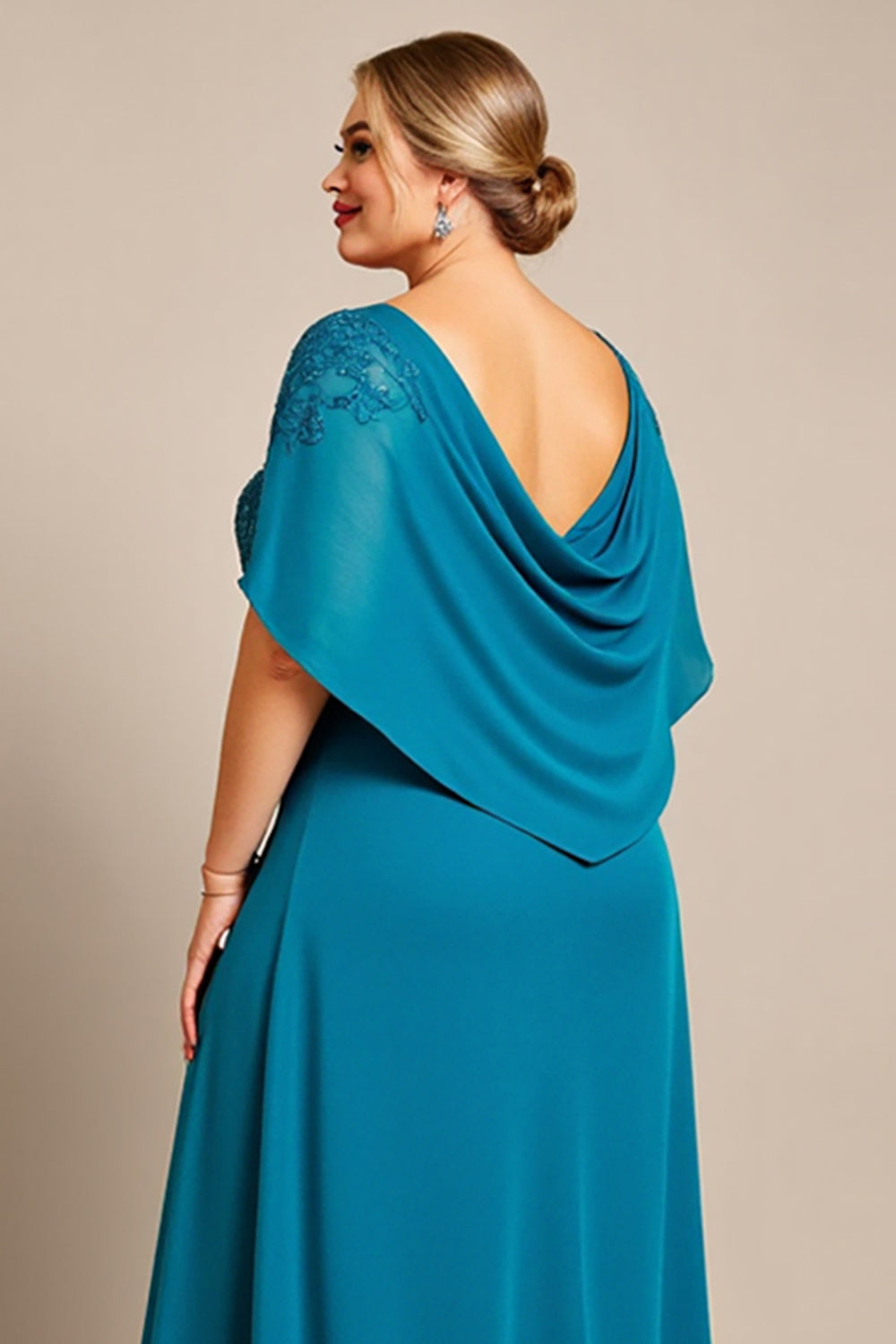 Peacock A Line Chiffon Cape Long Plus Size Mother of the Bride Dress with Lace
