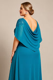 Peacock A Line Chiffon Cape Long Plus Size Mother of the Bride Dress with Lace