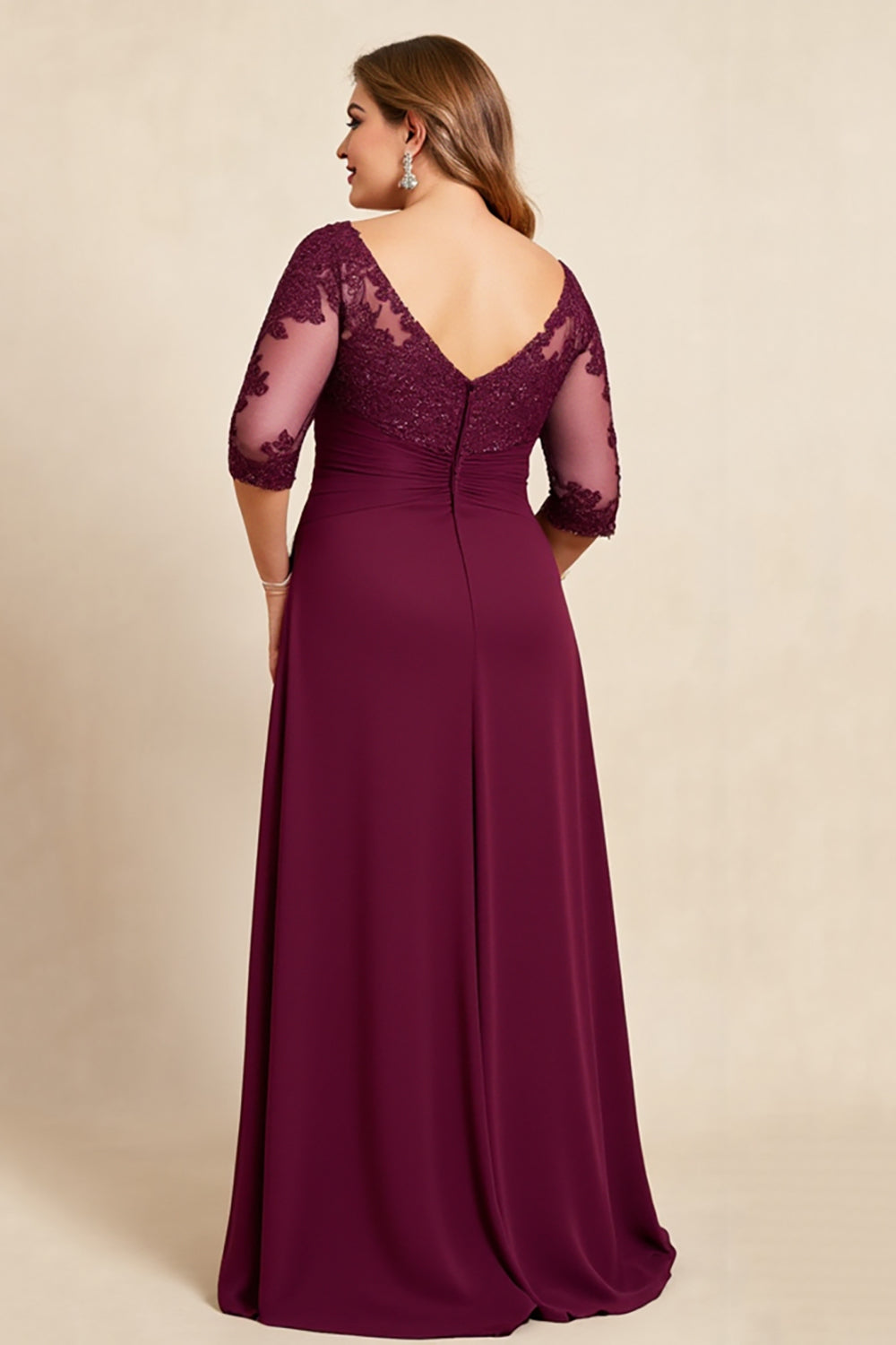 Burgundy V-Neck Chiffon Ruffled Long Plus Size Mother of the Bride Dress with Lace