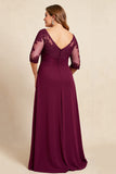 Burgundy V-Neck Chiffon Ruffled Long Plus Size Mother of the Bride Dress with Lace