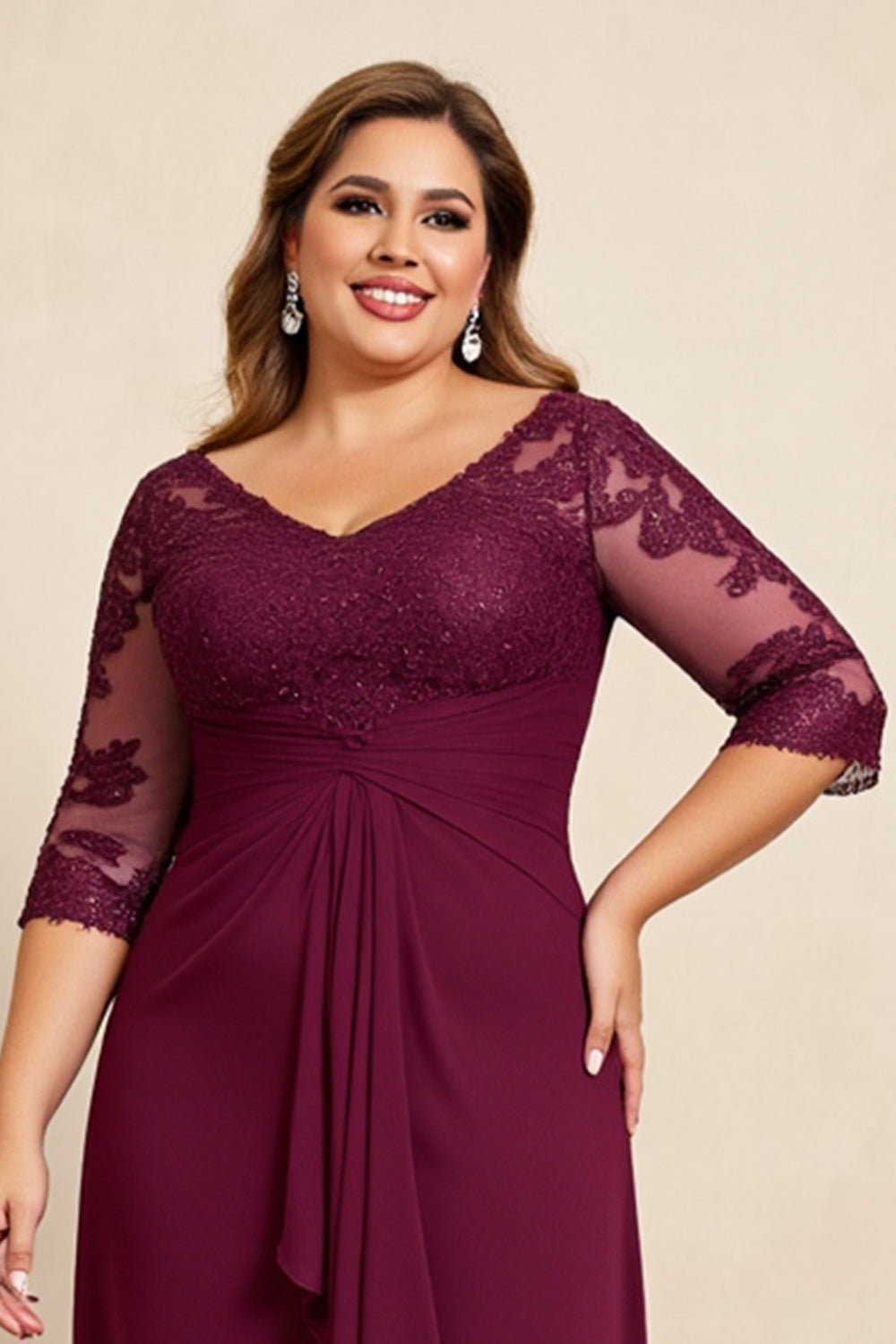 Burgundy V-Neck Chiffon Ruffled Long Plus Size Mother of the Bride Dress with Lace