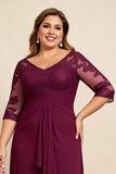 Burgundy V-Neck Chiffon Ruffled Long Plus Size Mother of the Bride Dress with Lace