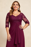 Burgundy V-Neck Chiffon Ruffled Long Plus Size Mother of the Bride Dress with Lace