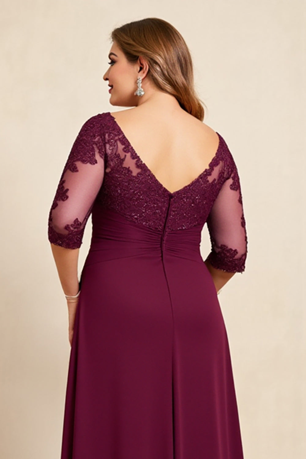 Burgundy V-Neck Chiffon Ruffled Long Plus Size Mother of the Bride Dress with Lace