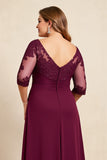 Burgundy V-Neck Chiffon Ruffled Long Plus Size Mother of the Bride Dress with Lace