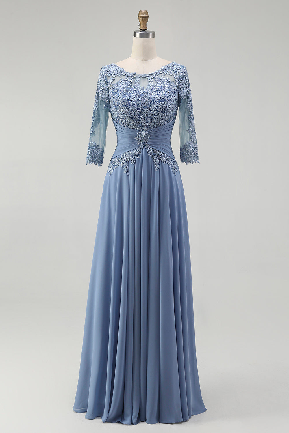 Dusty Blue A Line Chiffon Lace Plus Size Long Mother of the Bride Dress