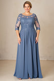 Dusty Blue A Line Chiffon Lace Plus Size Long Mother of the Bride Dress with Sleeves