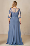 Dusty Blue A Line Chiffon Lace Plus Size Long Mother of the Bride Dress with Sleeves