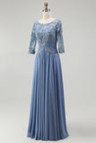 Dusty Blue A Line Chiffon Lace Plus Size Long Mother of the Bride Dress with Sleeves