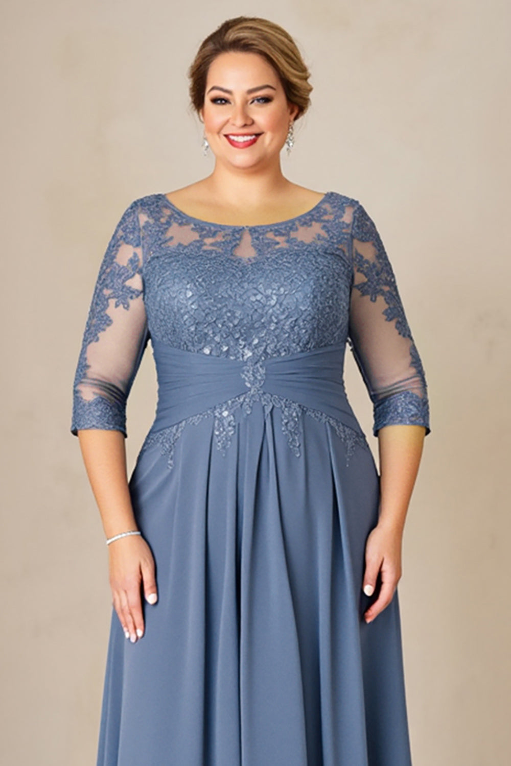 Dusty Blue A Line Chiffon Lace Plus Size Long Mother of the Bride Dress