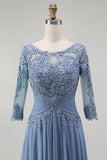 Dusty Blue A Line Chiffon Lace Plus Size Long Mother of the Bride Dress with Sleeves