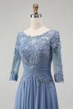 Dusty Blue A Line Chiffon Lace Plus Size Long Mother of the Bride Dress with Sleeves