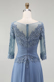 Dusty Blue A Line Chiffon Lace Plus Size Long Mother of the Bride Dress with Sleeves