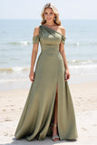 Olive Satin A Line Cold Shoulder Long Boho Bridesmaid Dress with Slit
