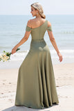 Olive Satin A Line Cold Shoulder Long Boho Bridesmaid Dress with Slit