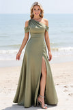 Olive Satin A Line Cold Shoulder Long Boho Bridesmaid Dress with Slit