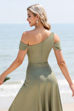 Olive Satin A Line Cold Shoulder Long Boho Bridesmaid Dress with Slit