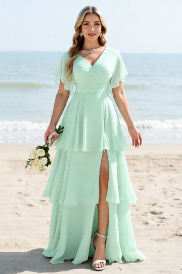 Mint A Line Tiered Short Sleeves Long Bridesmaid Dress