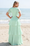 Mint A Line Tiered Short Sleeves Long Bridesmaid Dress